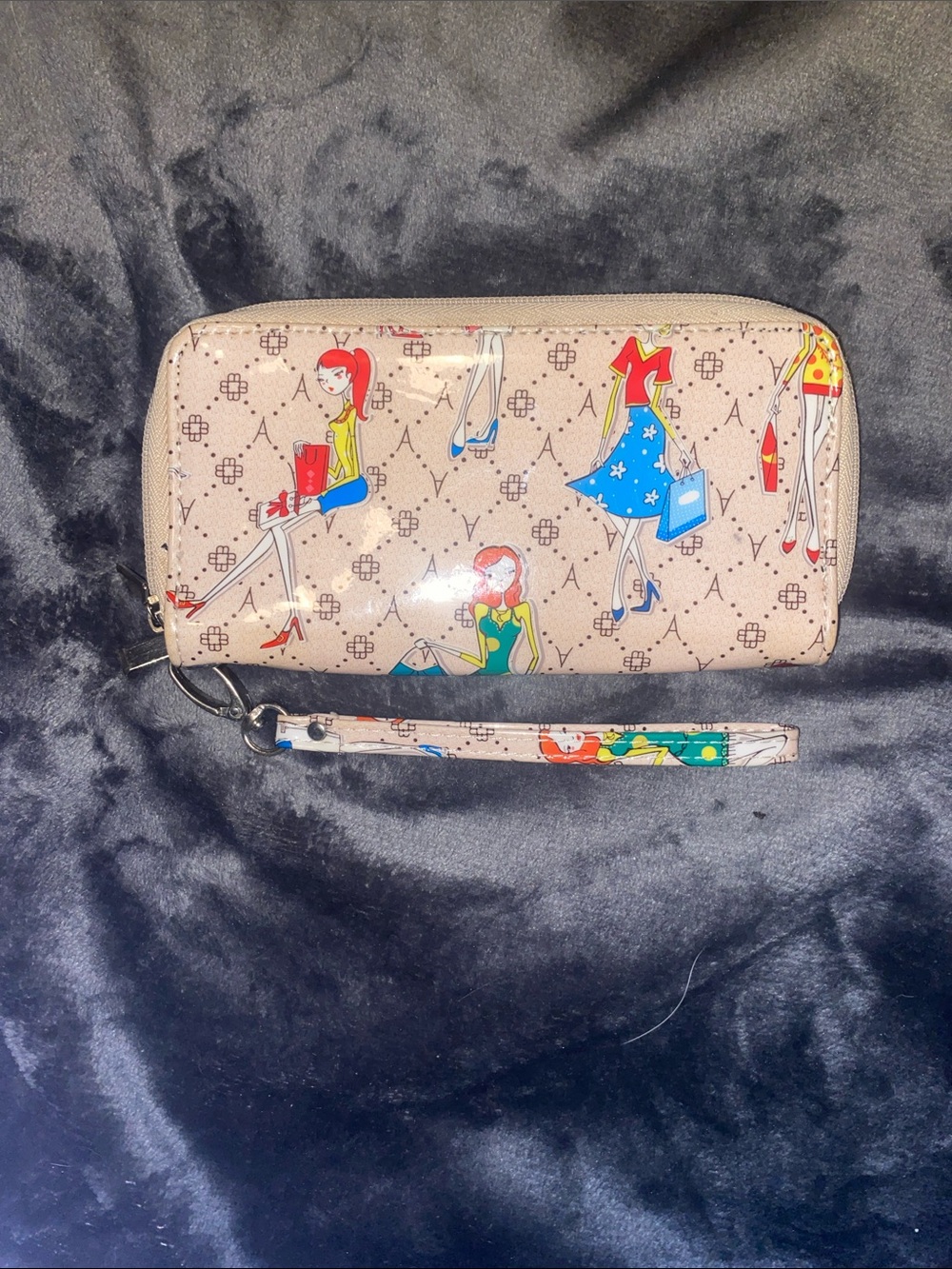 Beige Illustrated Zip-Around Wristlet Wallet with Removable Strap